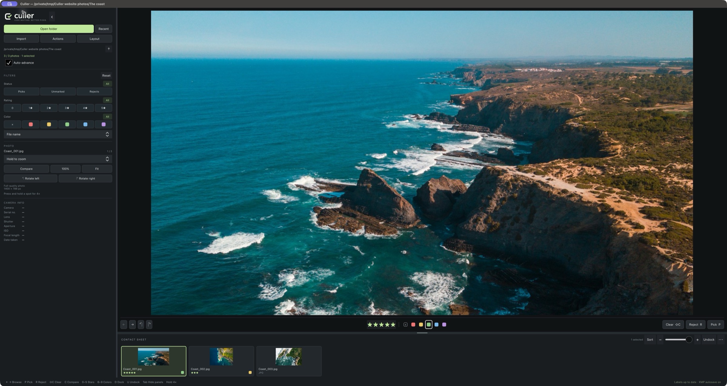 Culler on Mac, with a coastal photo, filters and an adjustable contact sheet.